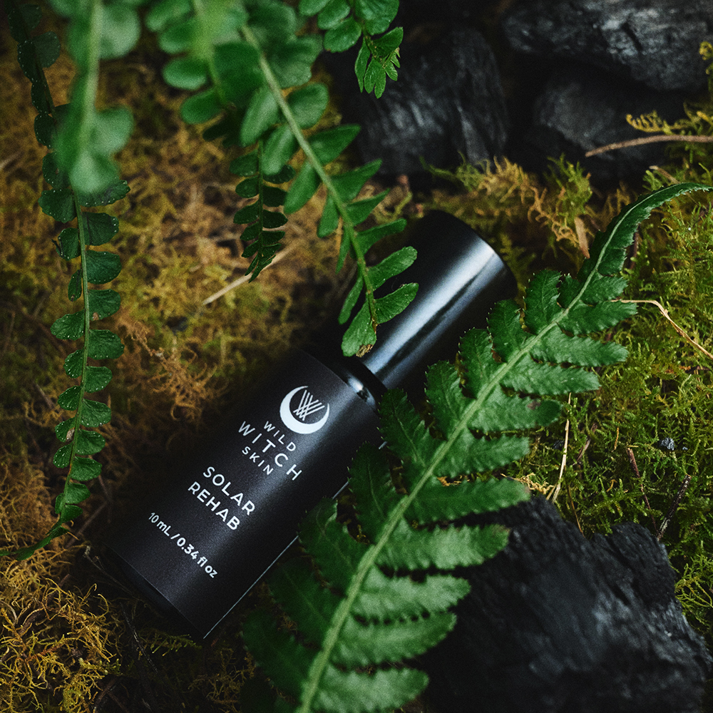 A black bottle of Wild Witch Solar Repair serum lies diagonally on moss and dark rocks, framed by green fern leaves.